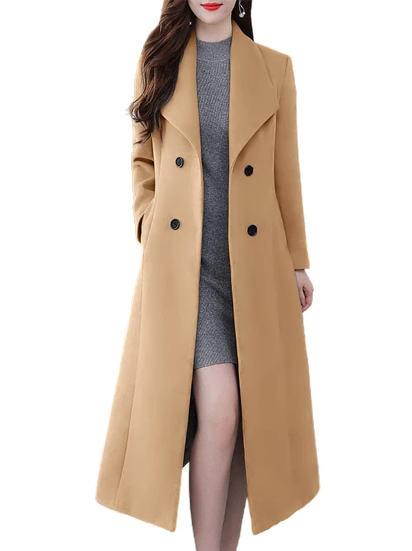 ebossy Women's Shawl Collar Double Breasted Below Knee Slim Wool Trench Long Coat, Light Tan, Medium - Image 1