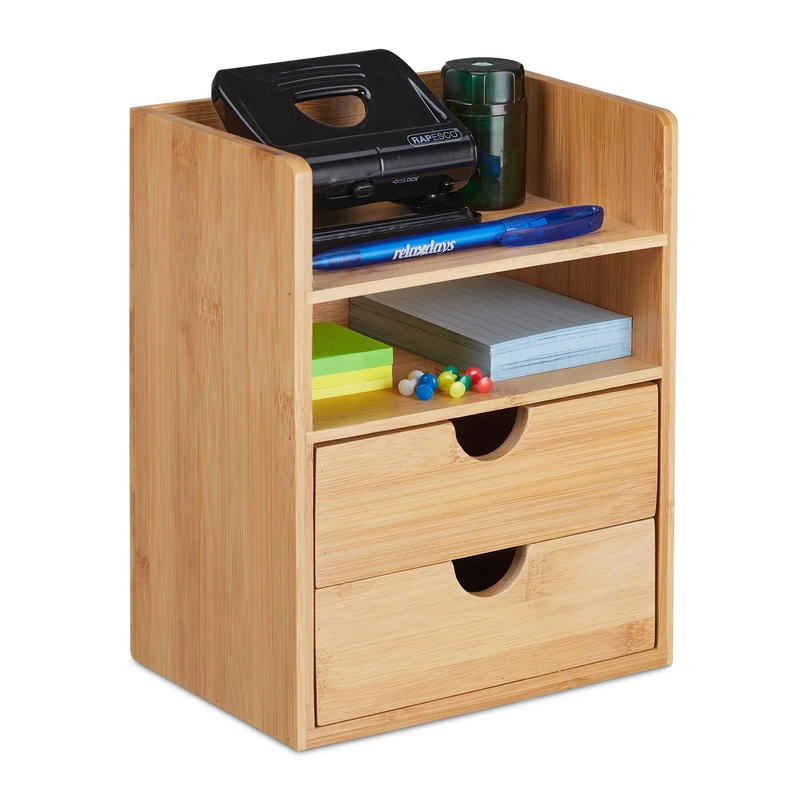 Relaxdays Desk Organiser, 2 Drawers & Shelves, Dimensions H x W x D: 24 x 19 x 13 cm, Bamboo, Natural