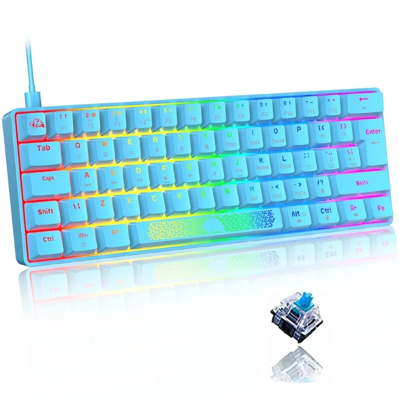 LEAVEN 60% Compact Type c - Usb Wired Blue Mechanical Keyboard UK, Blue Switch, RGB Backlit Rainbow LED, Anti-Ghosting, Media Keys, Laser carving, Ergonomic Aesthetic, for Computer PC Laptop