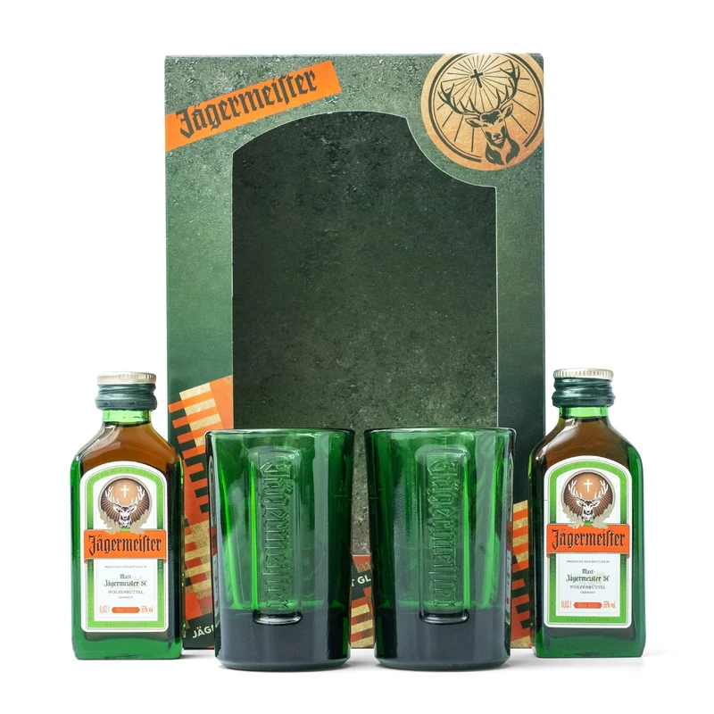 Jagermeister Gift Set - x2 Official Jagermeister Miniatures Shot Bottles 2cl and x2 Shot Glasses - Miniature Alcohol Bottles, Perfect Jager Gift Set, Gifts for Him, Her, Birthday, Valentines Day