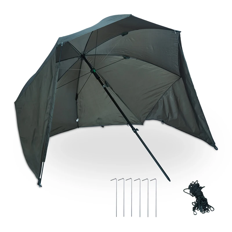 Relaxdays Fishing Umbrella, with Side Walls, Water-repellent, Tilting Mechanism, Ground Anchor & Carrying Bag, Green