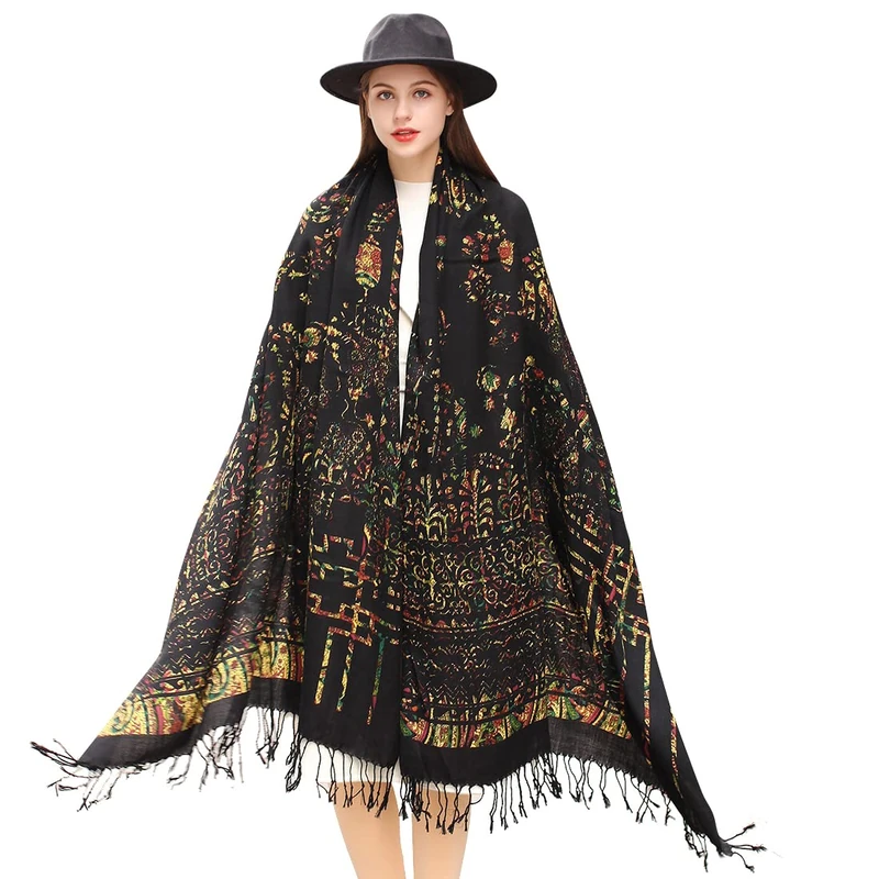 DANA XU 100% Merino Wool Extra Large Pashmina Blanket Travel Scarf Cashmere Wrap for Women Fall Winter Oversize Shawl Floral, 12 Black, 96 * 43 INCHES