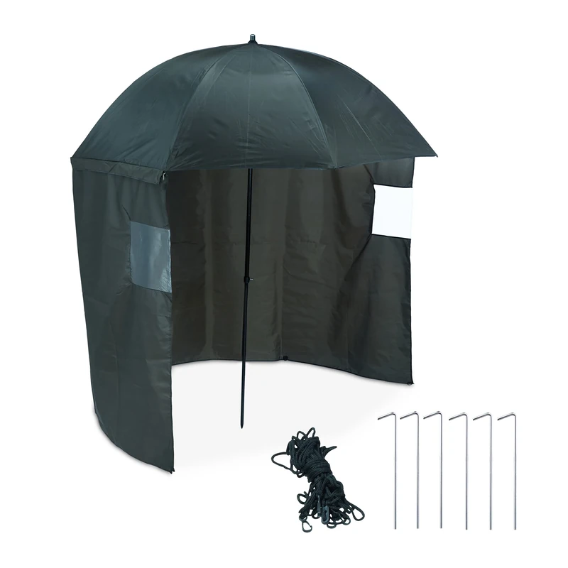 Relaxdays Fishing Umbrella, with Side Panels, Water-repellent, Tilting Mechanism, Ground Anchor & Carrying Bag, Green