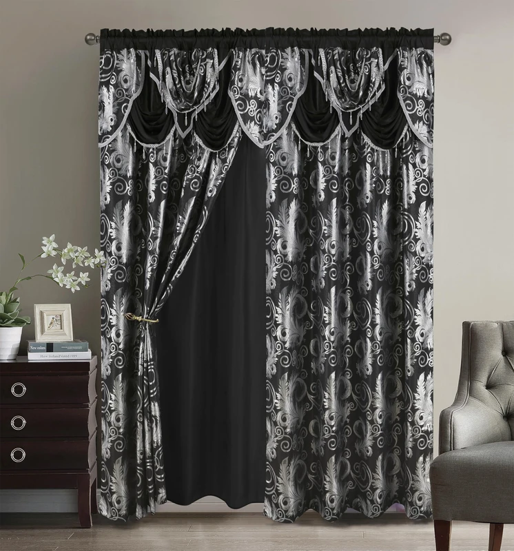 GLORY RUGS Jacquard Luxury Window 2 Panel Set Black Curtain with Attached Valance and Backing Bedroom Living Room Dining 2 Curtains 55x84 inches Each Jana