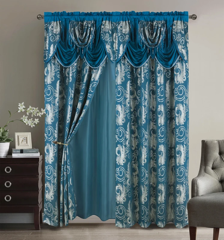 Golden Rugs Jacquard Luxury Curtain Window Panel Set with Attached Valance and Backing Bedroom Living Room Dining 110X84 inches Each Jana Collection, Turquoise Silver
