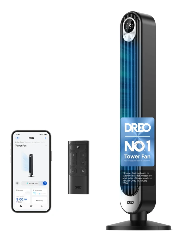 DREO 42 Inch Smart Tower Fan, 8.5m/s High-Velocity Cooling Fans, 9 Speeds Standing Fans for Bedroom, 25dB Silent Bladeless Electric Fan, 4 Modes, 90° Oscillating, 12H Timer, WiFi/Alexa/Remote Control
