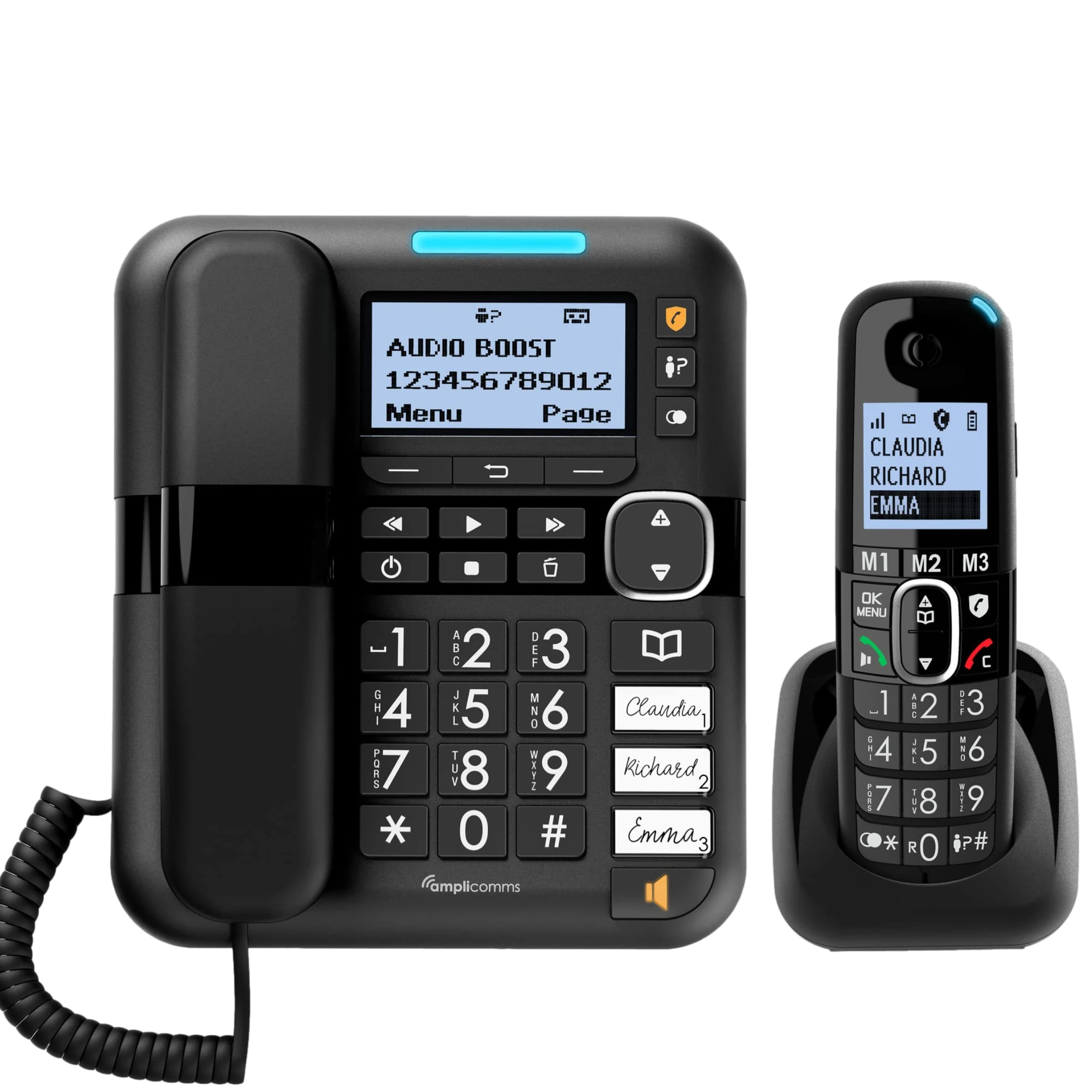 Amplicomms BigTel 1580 Corded Big Button Phone for Elderly with Answering Machine and Additional Handset - Loud Phones for Hard of Hearing - Hearing Aid Compatible Phones - Cordless Number Telephone