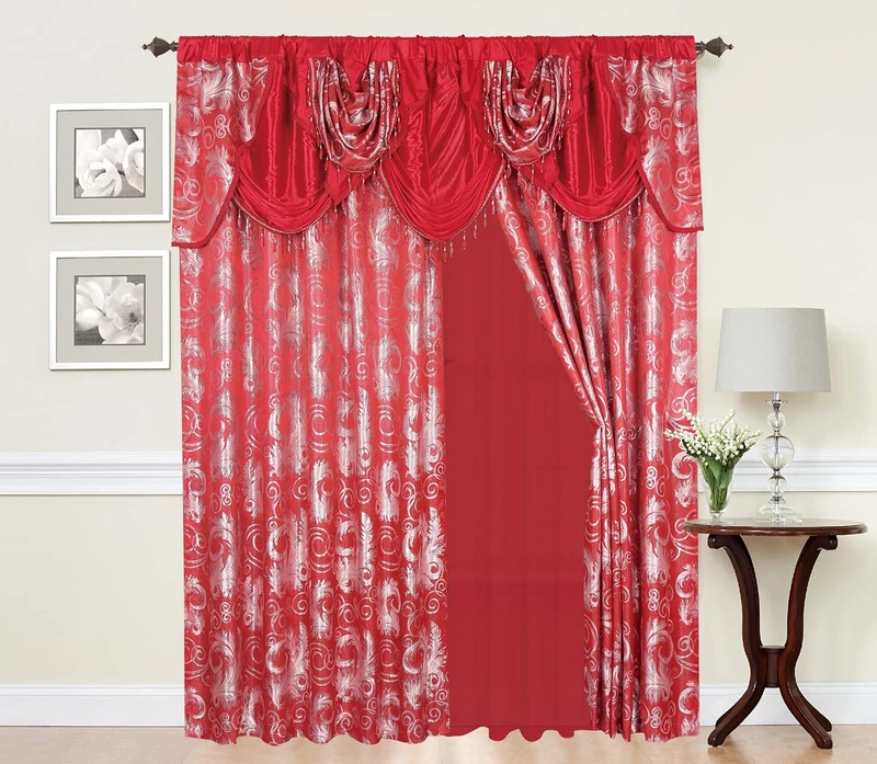 GLORY RUGS Jacquard Luxury Window Panel Set(Red Silver) Curtain with Attached Valance and Backing Bedroom Living Room Dining 110X84 inches Each Jana,