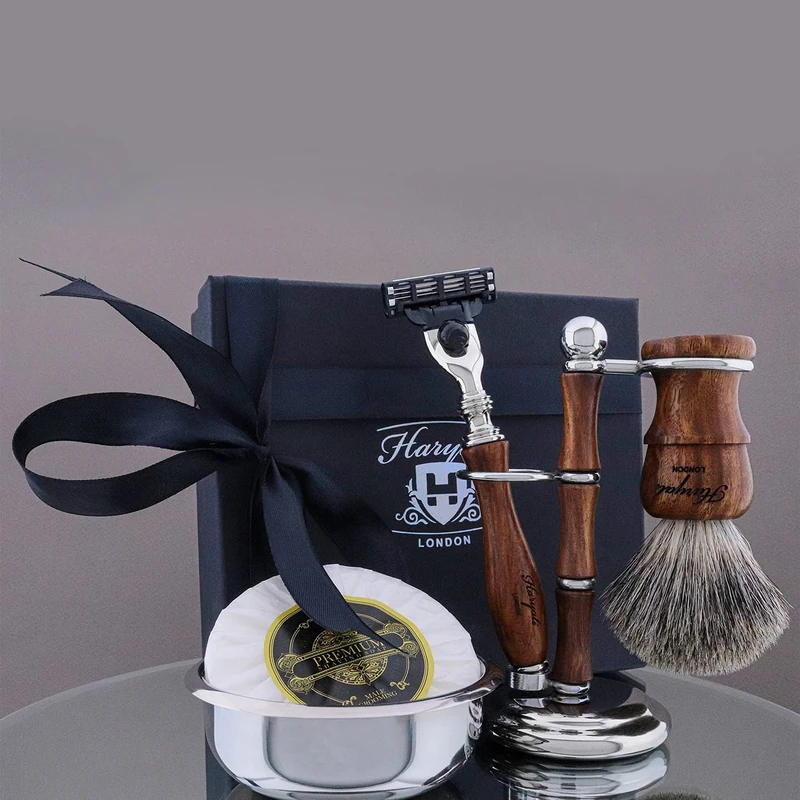 Haryali London Shaving Kit - 5 Pcs Wooden Shaving Set - 3 Edge Shaving Razor - Super Badger Hair Shaving Brush - Wooden Shaving Stand, Soap and Stainless Steel Bowl Mug- Shaving Set as a Gift Set