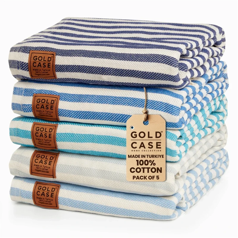 GOLD CASE Turkish Beach Towel Bath Towels MYRA Series - Set of 5 - XXL Oversized 70x40 inches -100% Cotton - Super Soft - Quick Dry Lightweight Sand Free Turkish Towel (5X-myra-Blues)