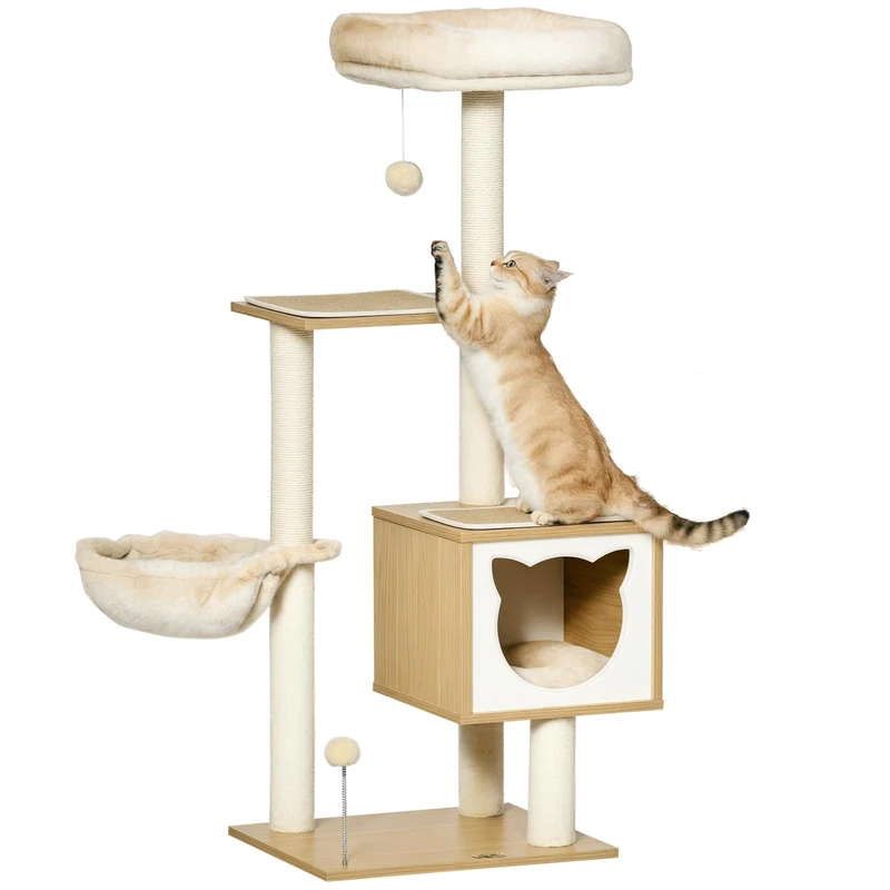 PawHut Cat Tree Scratching Post Multi-Equipment Hammock Kennel Basket Removable Cushions Height 126 cm Plush Short Sisal Natural Beige