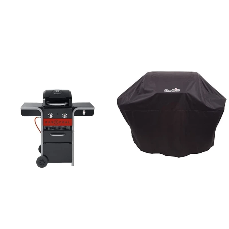 Char-Broil 140924 Gas2Coal 210 Hybrid Grill Gas Barbecue, Black & 140 766 - Universal 3-4 Burner Gas Barbecue Grill Cover, Black.