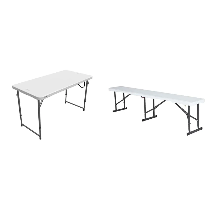 Lifetime 6 Ft/1.83 m Fold in Half Bench, White & 4 x 2 ft (122 x 61 cm) Rectangular Light Commercial Fold-in-Half Folding Table with 3 Adjustable Heights of 22/29/36 in (56/74/91 cm)