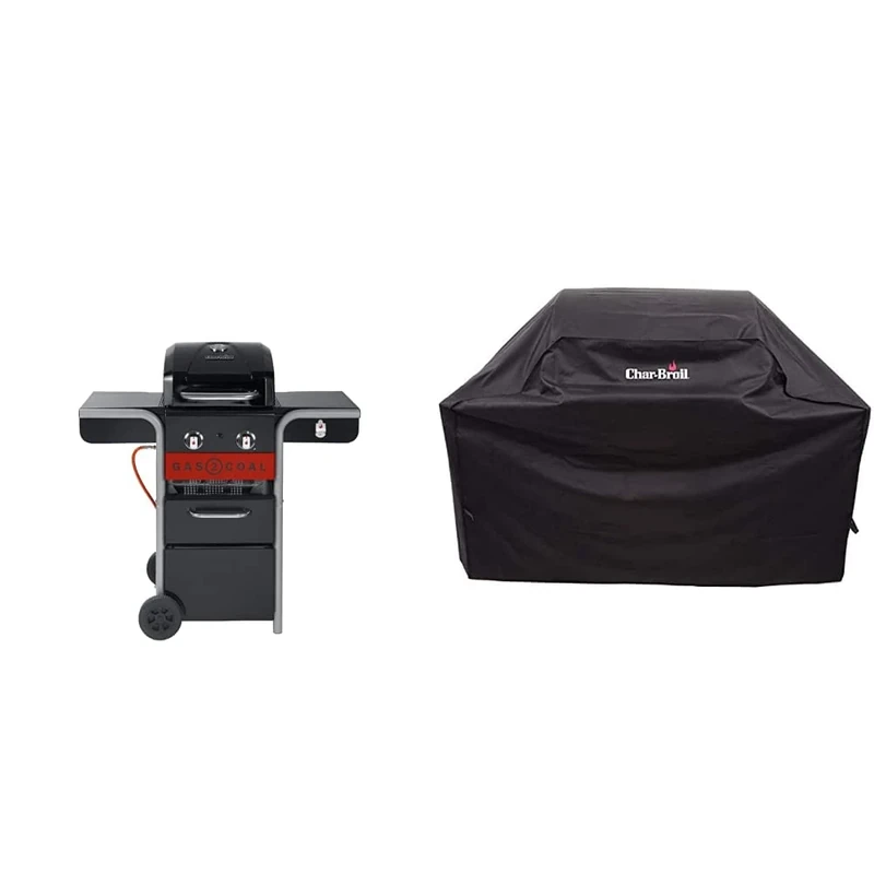 Char-Broil 140924 Gas2Coal 210 Hybrid Grill Gas Barbecue, Black & 140384 - 2 Burner Gas Barbecue Grill Cover, Black