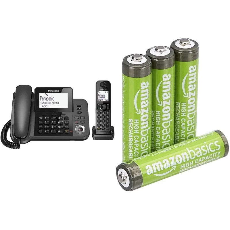Panasonic KX-TGF320 Corded and Cordless Home office Telephone Kit - Black & Amazon Basics AAA High-Capacity Rechargeable Batteries, Pre-charged - Pack of 4 (Appearance may vary) - Image 1