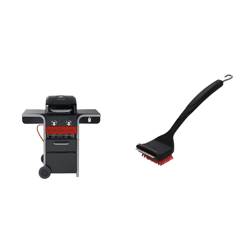 Char-Broil 140924 Gas2Coal 210 Hybrid Grill Gas Barbecue, Black & 140 533 - 2-in-1 "Cool-Clean" Grill Cleaning Brush and Scraper.