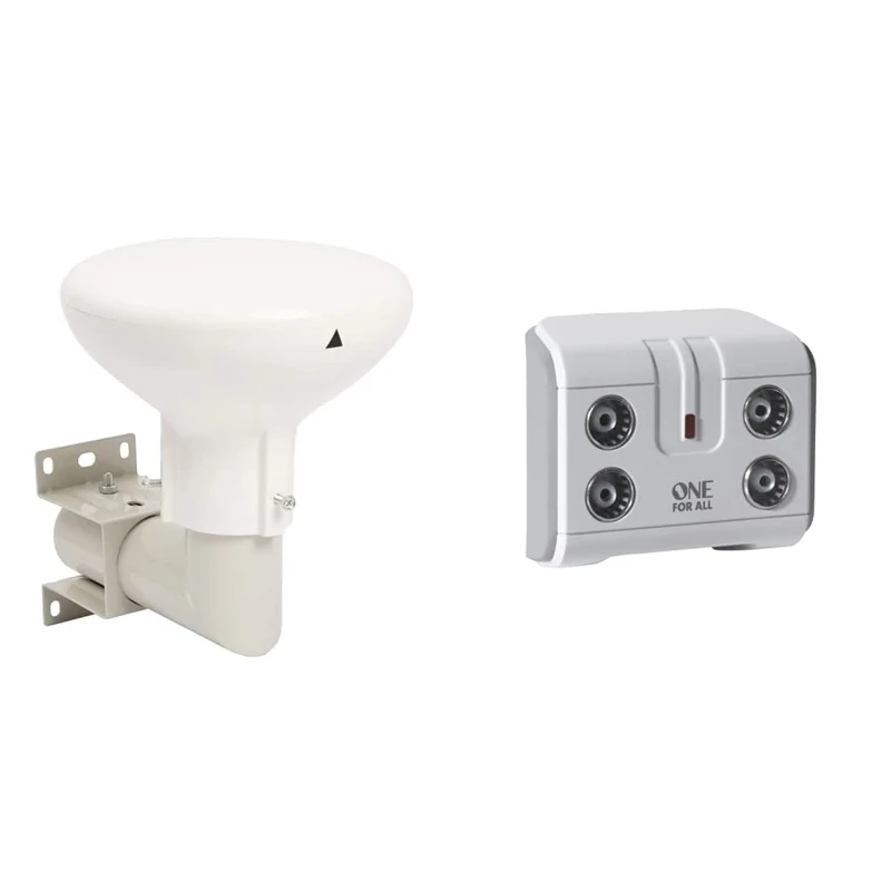 Outdoor Aerial, SLx Digidome For TV Digital Freeview HD 360° Omni Directional Amplified Antenna,White & One For All Signal Booster/Splitter for TV - 4 Outputs (14x amplified) - Plug and Play - white