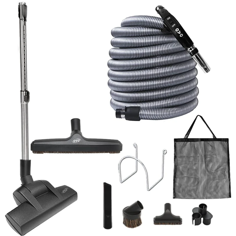OVO Central Vacuum Deluxe Plus Kit, 30ft ON/Off Low-Voltage Hose, Air Driven Carpet Beater, 12’’ Premium Floor Brush, Cleaning Tools and Easy Storage Accessories