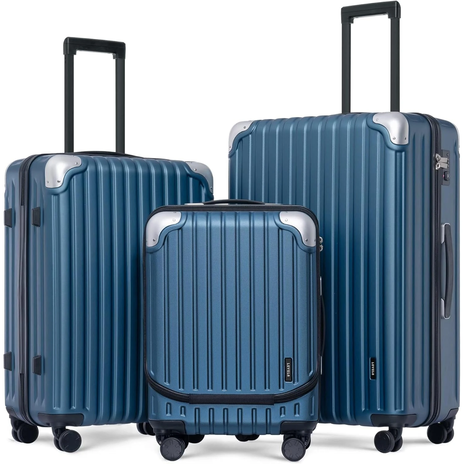 LEVEL8 Luggage Set of 3, Carry on Suitcase, ABS+PC Hardshell Spinner Trolley with Laptop Compartment, TSA Lightweight (Blue, 36L/68L/104L,3 Pcs Set)