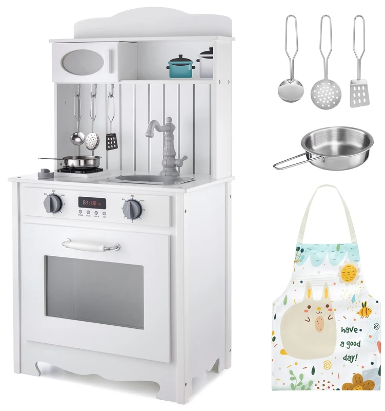 Mamabrum Play Kitchen for Children, White Wooden Kitchen with Apron, Accessories and LED Lamp, Children's Kitchen Wooden with Light, Play Kitchen Wooden - Kitchen Toy, Role Play Toy for Children