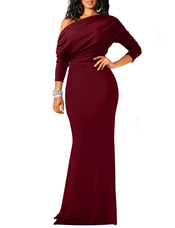 YMDUCH Women's Sexy Elegant Long Sleeve Off Shoulder Bodycon Long Evening Formal Dress, WineRed, Large
