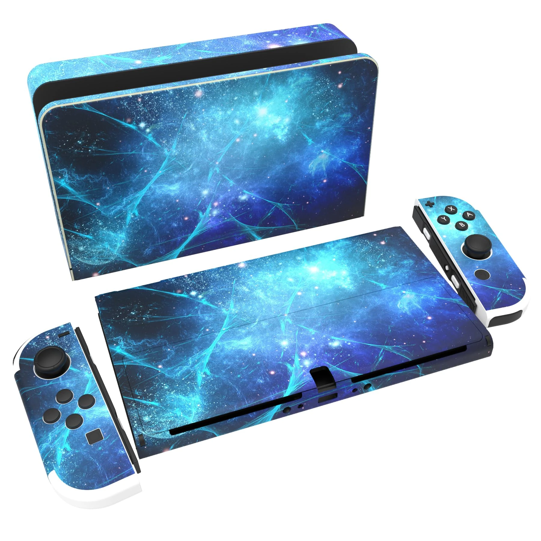 playvital Full Set Protective Stickers for Nintendo Switch OLED Model, Customized Vinyl Decal Skins for Switch OLED Console & Joycon & Dock & Grip - Blue Nebula