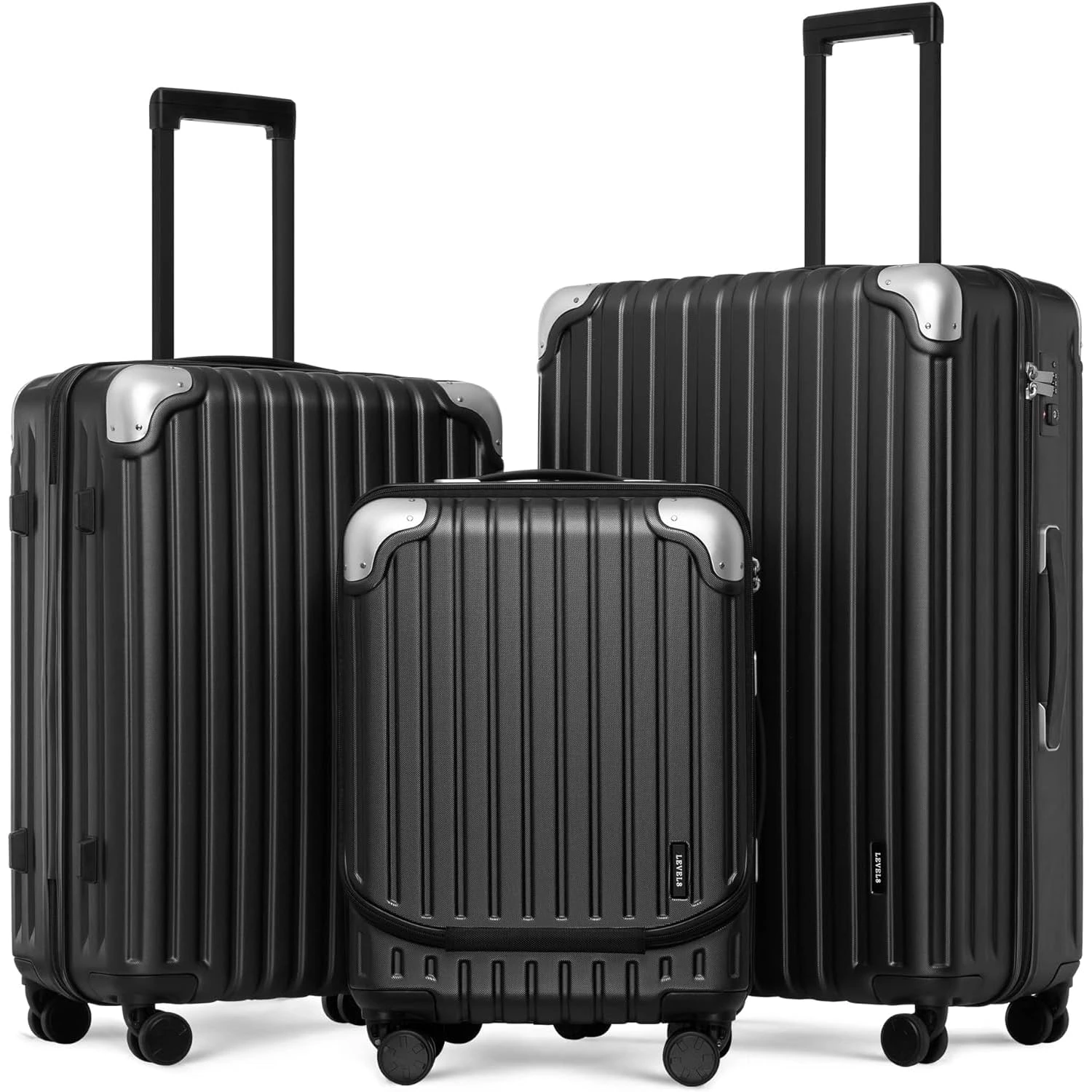 LEVEL8 Luggage Suitcase Set of 3, Carry on ABS+PC Hardshell Spinner Trolley Lightweight with Laptop Compartment, TSA (Black, 20/24/28,3 Pcs Set)