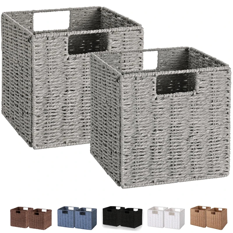 Vagusicc Wicker Baskets, Set of 2 Hand-Woven Paper Rope Storage Bins, Foldable Storage Cubes, Large Storage Baskets for Gifts Empty, Shelf Organizing & Decor, Gray (11″×11″×11″)