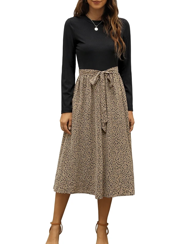 Zattcas Women 2024 Summer Dress Short Sleeve Ribbed Teacher Church Modest Business Casual Work Outfits Midi Dress, Long Sleeve-Black T, S - Image 1