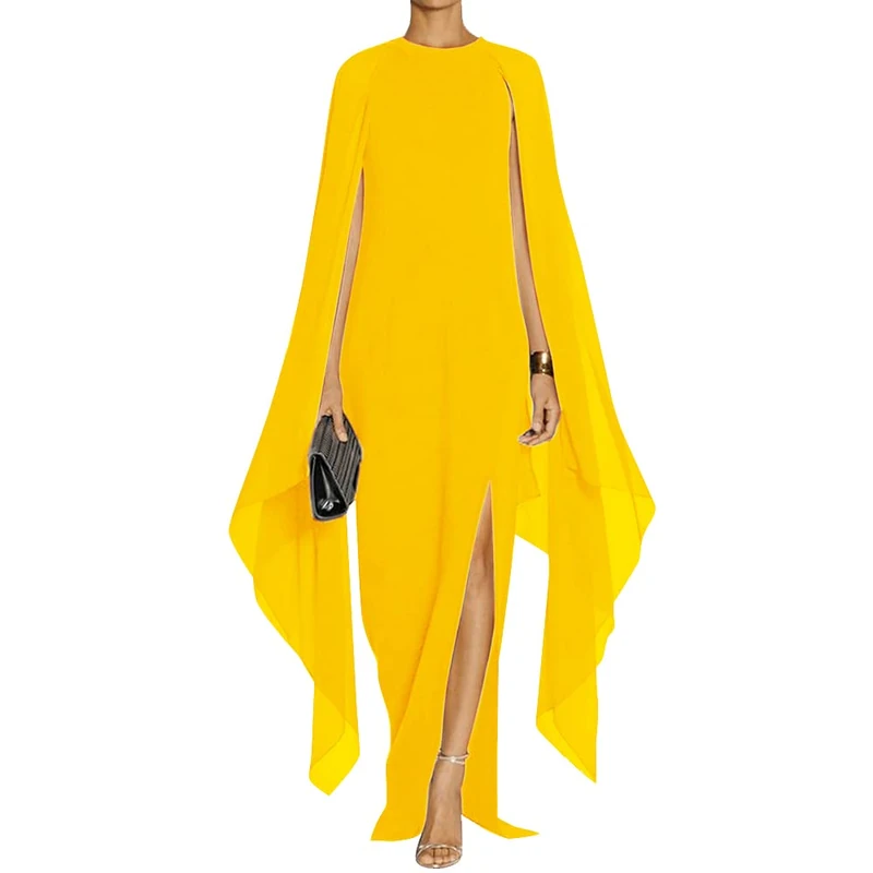 MAYFASEY Women's Elegant High Split Flare Sleeve Formal Evening Gowns Maxi Dress with Cape, Yellow, L