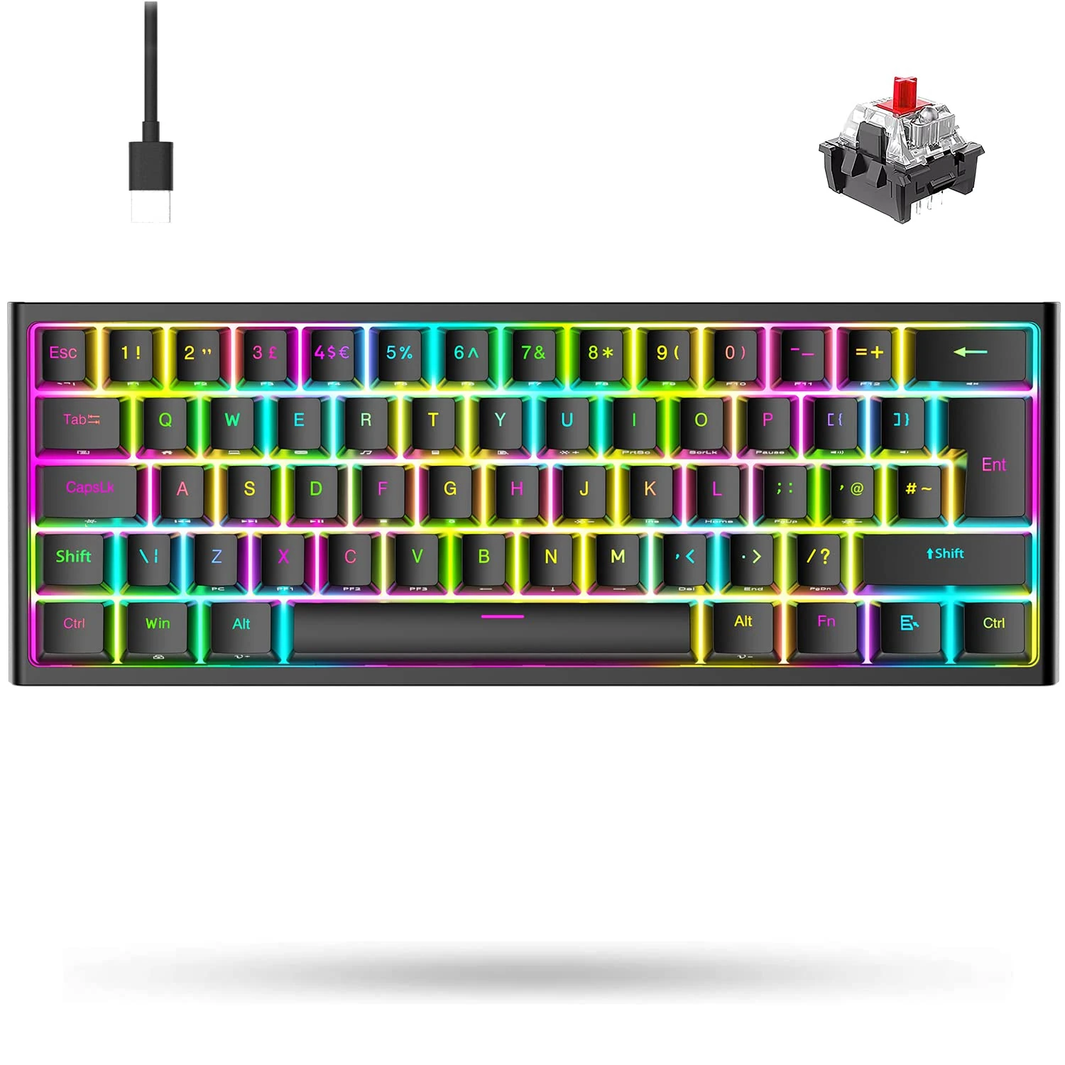 MAGIC-REFINER MK25 UK Layout 60% Portable Mechanical Gaming Keyboard, 14 Chroma RGB LED Backlight, Type C Wired, 62 Full Anti-ghosting Keys, Ergonomic, RK61, for PC/Mac/PS4/XBox (Black/Red Switch)