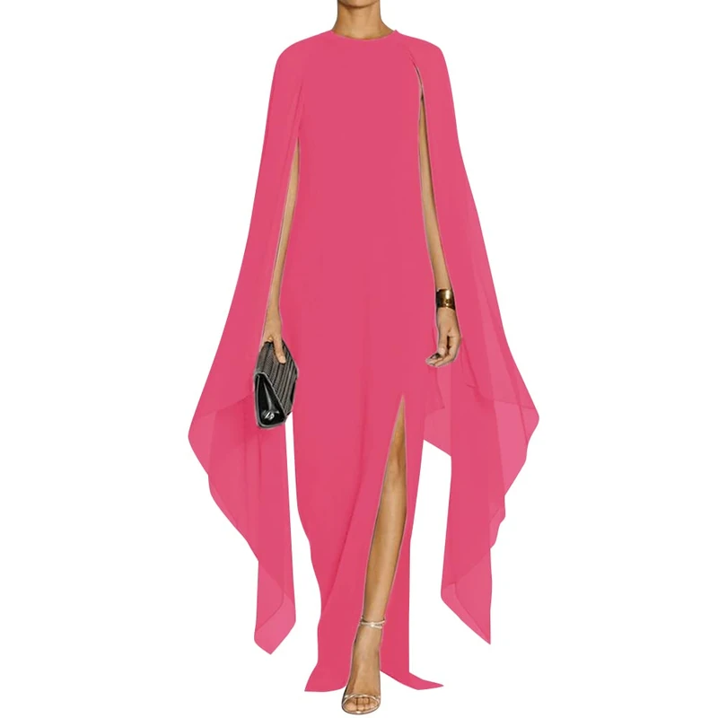 MAYFASEY Women's Elegant High Split Flare Sleeve Formal Evening Gowns Maxi Dress with Cape, Rose, S
