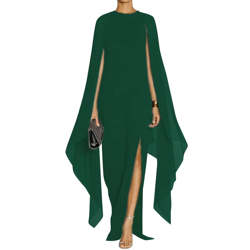 MAYFASEY Women's Elegant High Split Flare Sleeve Formal Evening Gowns Maxi Dress with Cape, Dark Green, S