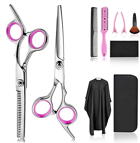 FCYSY Professional Barber Hair Scissors Kit - Thinning Shears, Hairdressing Shears, Pink-10 with Accessories in Leather Case for Cutting & Styling Men's & Pet's Hair
