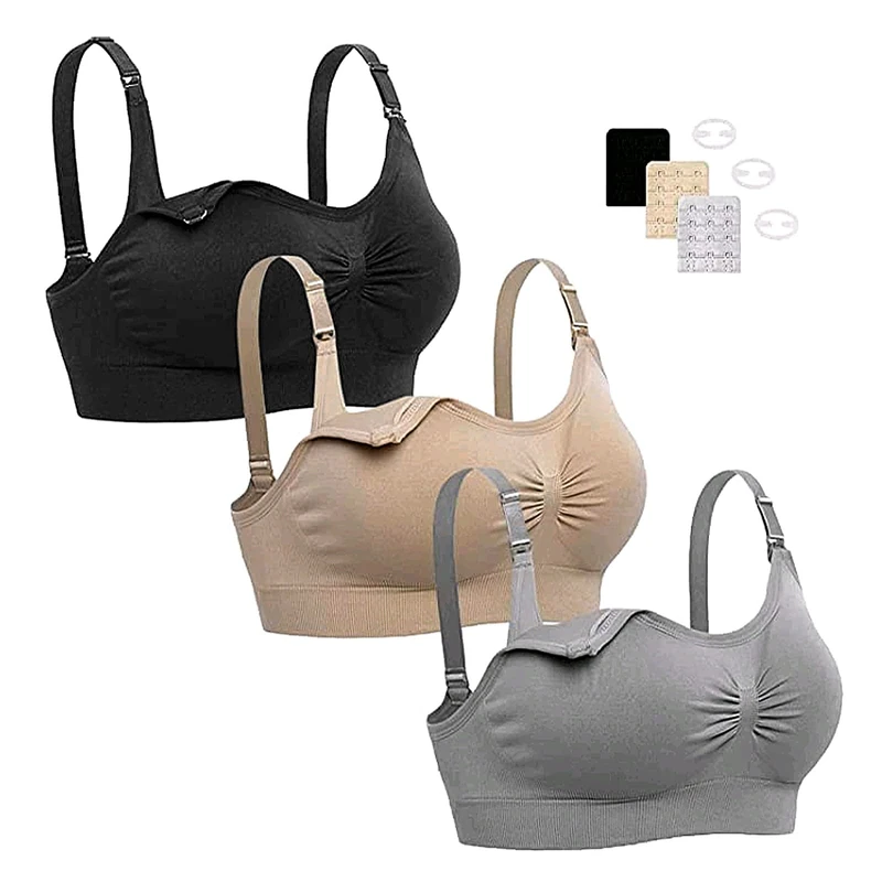 KLKIT 3 Pieces Nursing Bra Wireless With Extra Extensions for Sleeping, Maternity, Women - Black, Grey, Beige, L