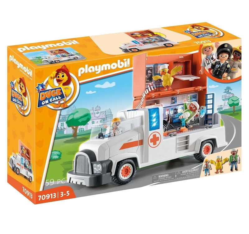 Playmobil DUCK ON CALL 70913 Ambulance, With Fold-Out Mobile Hospital, Light and Sound Effects, Medical Toy for Children Ages 3+