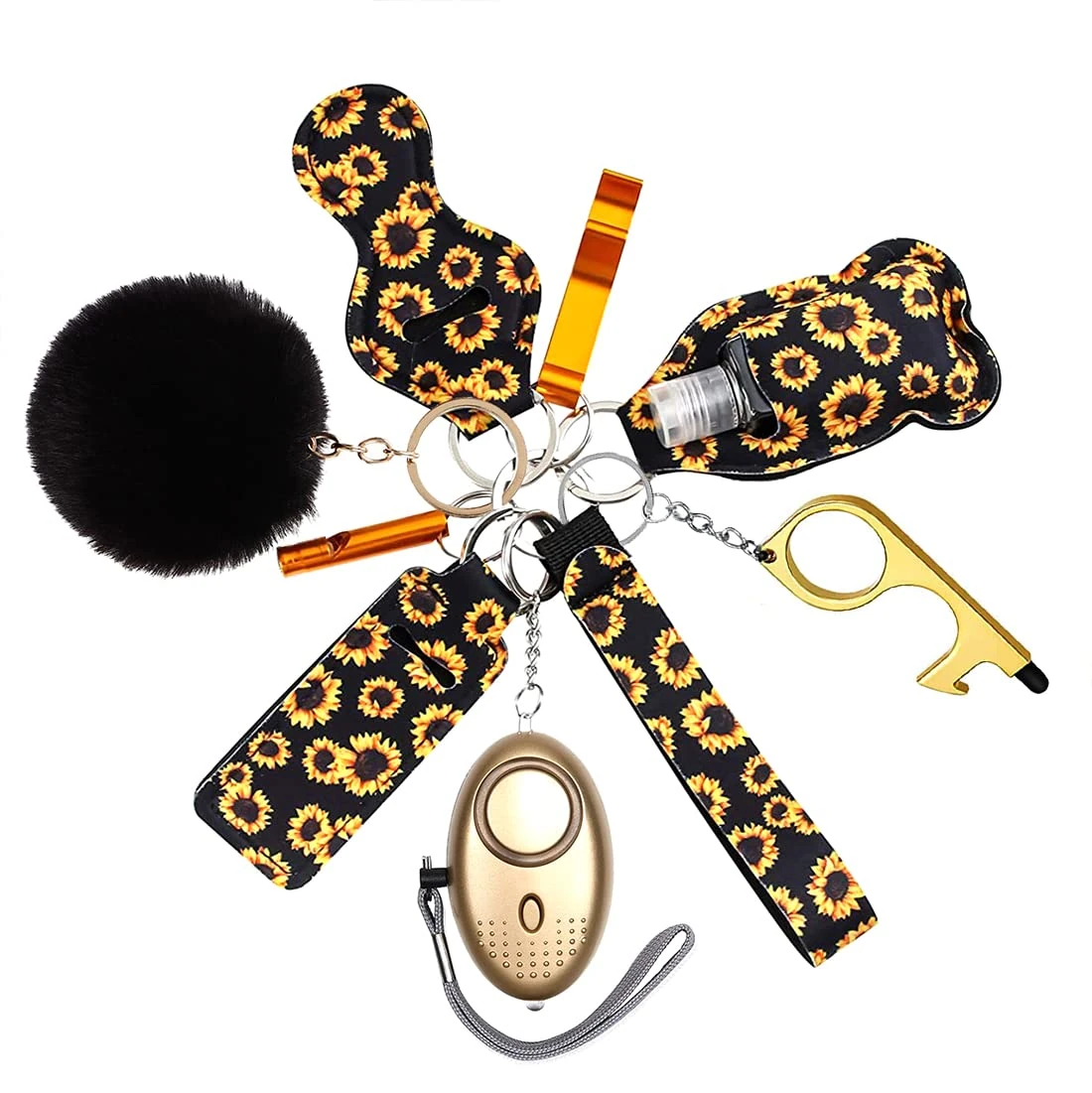 Safe Keychain Set for Girls with Personal Safety Alarm, Hand Sanitizer Holder, Whistle and Pom