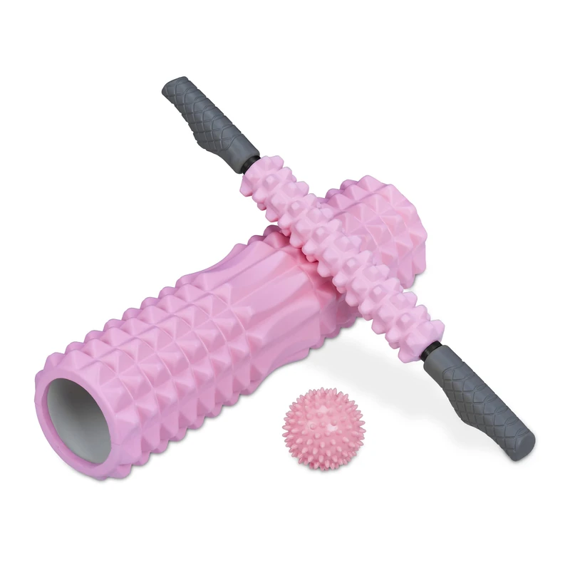 Relaxdays Fascia Roller Set of 3, Massage Roll, Wand, Spiky Ball, Sore Muscles, Medium Hardness, Nubs, Gym, Pink - Image 1