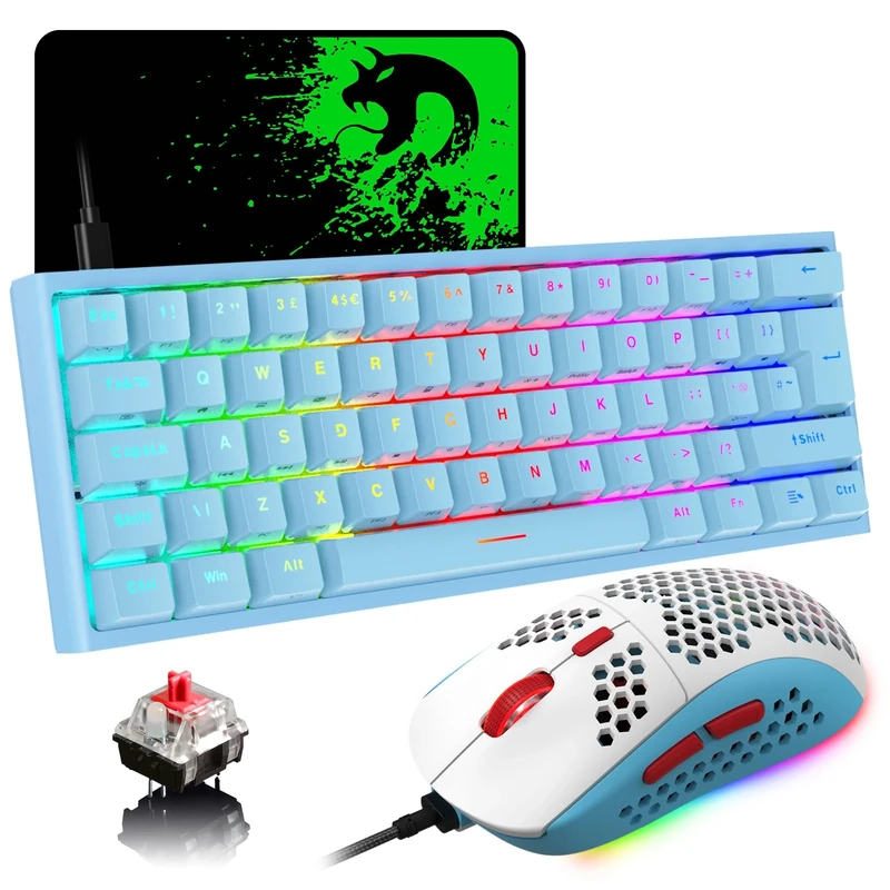 MAGIC-REFINER 60% Gaming Keyboard and Mouse Combo, RGB Backlit Mechanical Keyboard,Lightweight Gaming Mouse,62 Keys USB C Wire, 6400 DPI, UK Layout for Win/Mac PC Gamer (Blue/Red Switch)