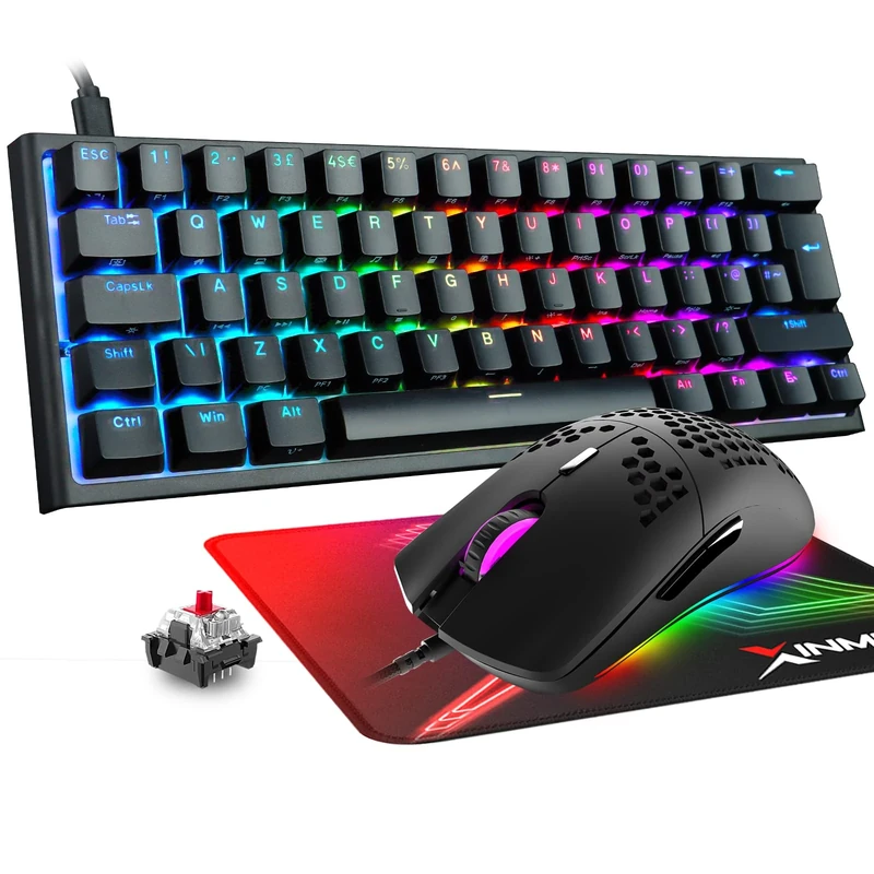 MAGIC-REFINER 60% Gaming Keyboard and Mouse Combo, RGB Backlit Mechanical Keyboard,Lightweight Gaming Mouse,62 Keys USB C Wire Mice 12000 DPI for Win/Mac/PC, UK Layout (Black/Red Switch)