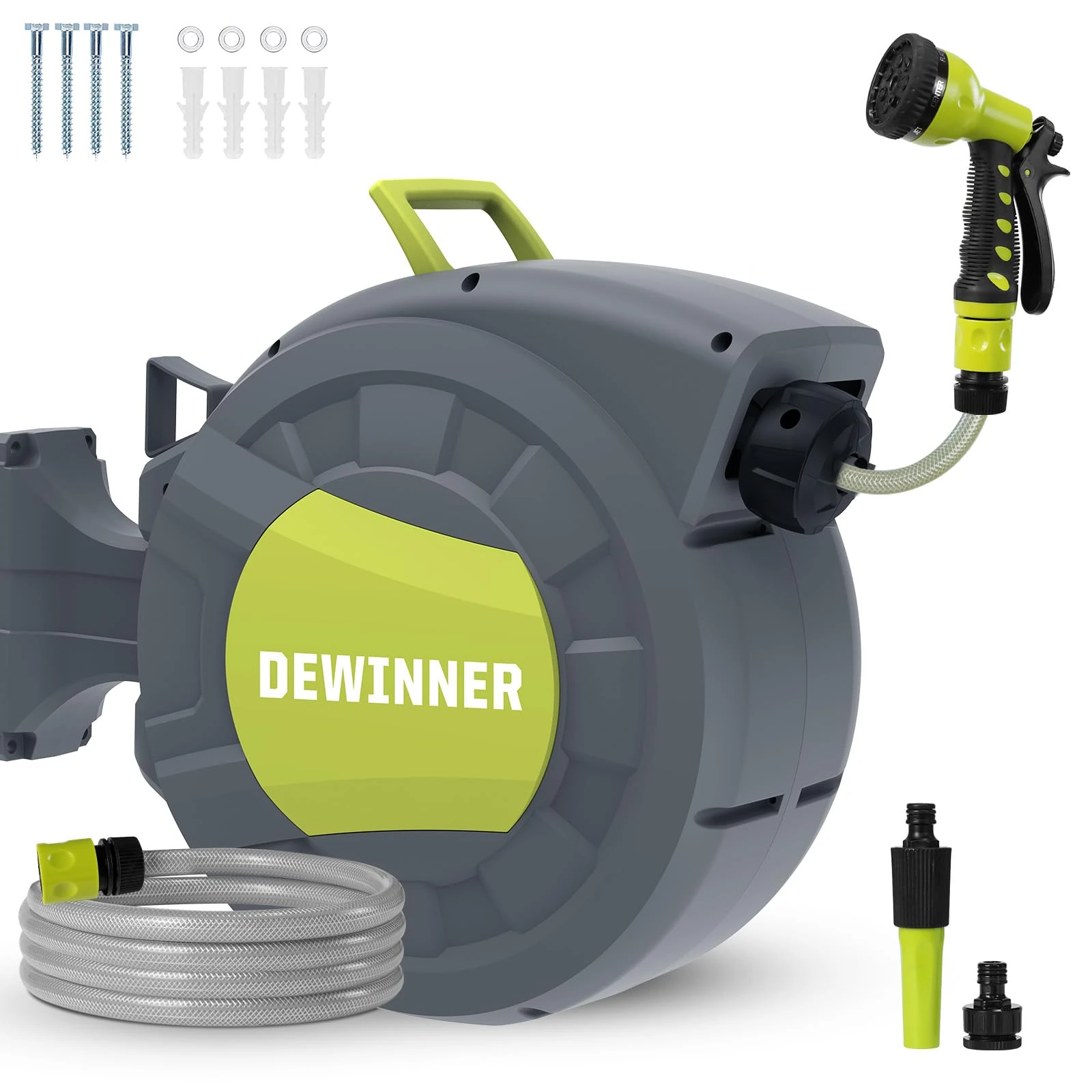 DEWINNER Garden Hose Reel, Wall Mount Auto-Reel with Spray Nozzle, Mounted Auto Rewind Holder Storage, Heavy Duty Hanger, 25M Hose Pipe+2M Tap Connect Hose for Outdoor Watering