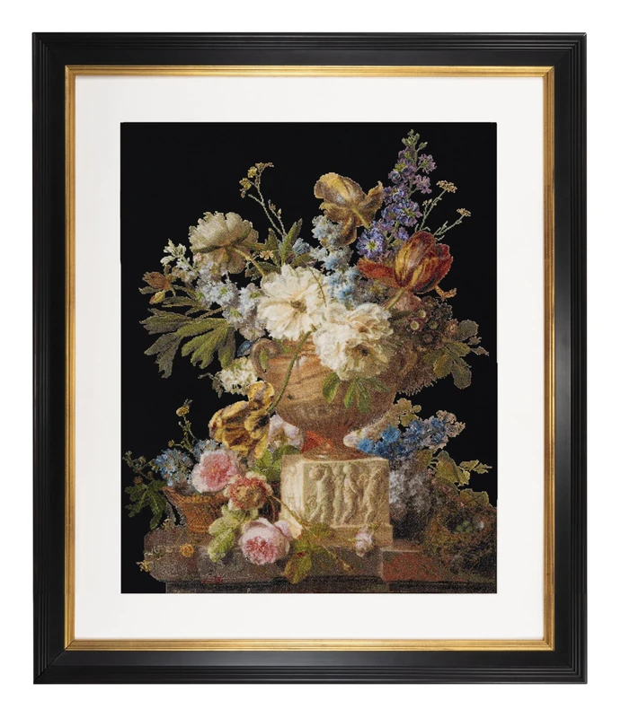 Thea Gouverneur - Counted Cross Stitch Kit - Flower Still-Life with an Alabaster Vase - Aida Black - 18 Count - for Adults - DMC Embroidery Threads and Other Cross Stitch Supplies Included - 580.05