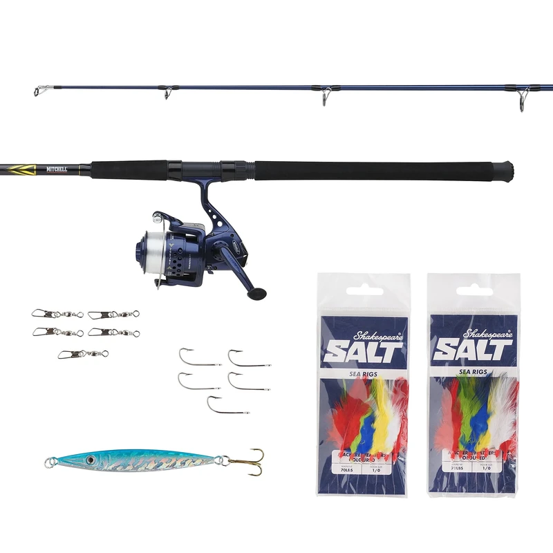 Mitchell Neuron Boat Combo Set, Rod and Reel Set, General Boat Fishing, Mackerel, Cod, Pollack and Herring, Includes Terminal Tackle and Spare Hooks, Ready to Fish, Unisex, Blue/Gold, 2.1m | 100-400g