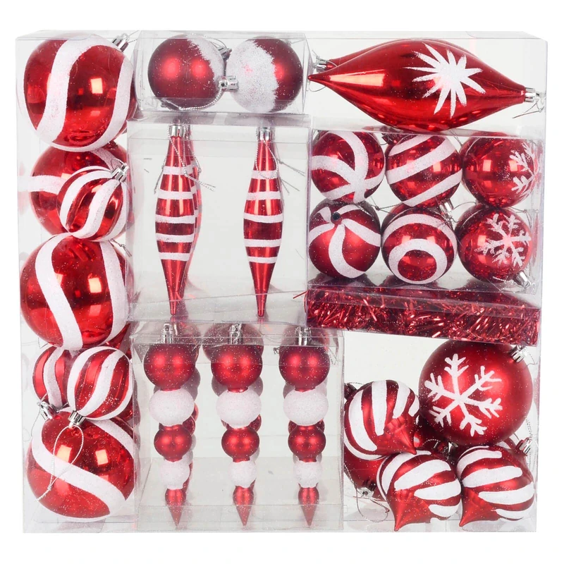 Red White Christmas Tree Baubles Set 52 Piece Decorations Tinsel Round Teardrop