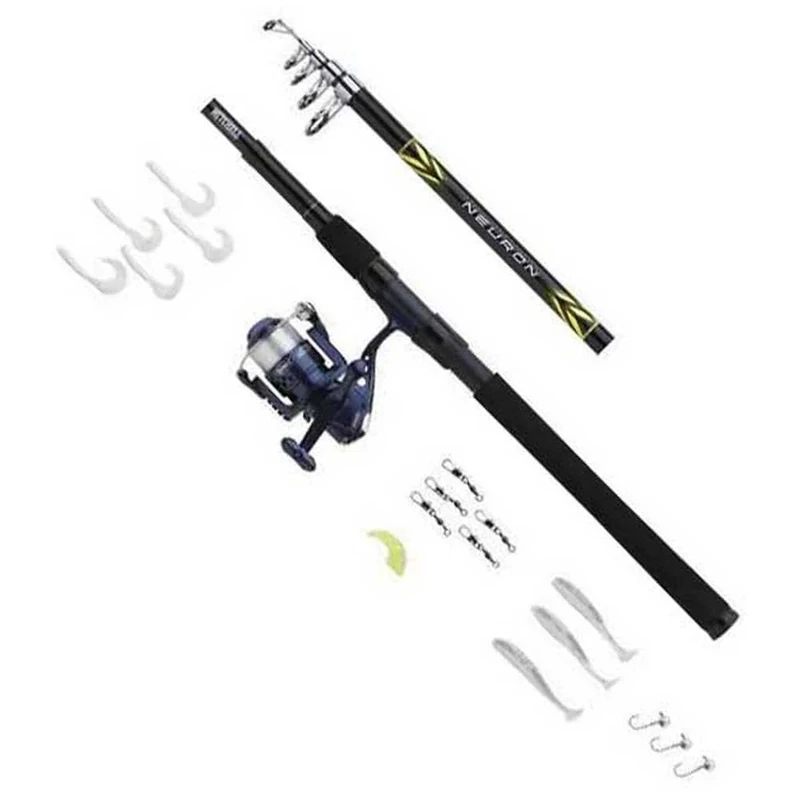 Mitchell Neuron SW Spin Combo, Fishing Rod and Reel Spinning Combo Lure Fishing, Sea - Inshore/Nearshore Fishing, Sea Bass, Cod and Flatfish, Includes Tackle, Ready to Fish, Blue/Gold, 2.4m | 15-40g