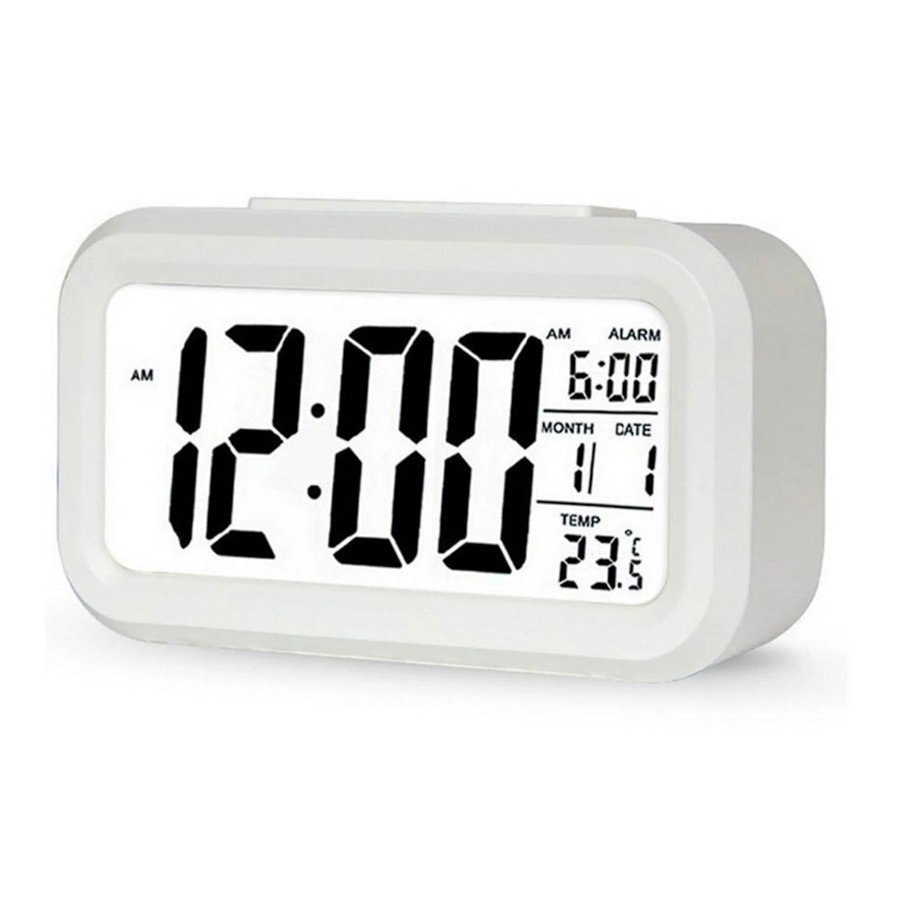 DTL Digital Alarm Clock LED Display with Temperature Big LCD Digit Display Larger LCD Backlit Display Snooze Smart Brightness Sensor for Bedroom Home Office and Travel (White)
