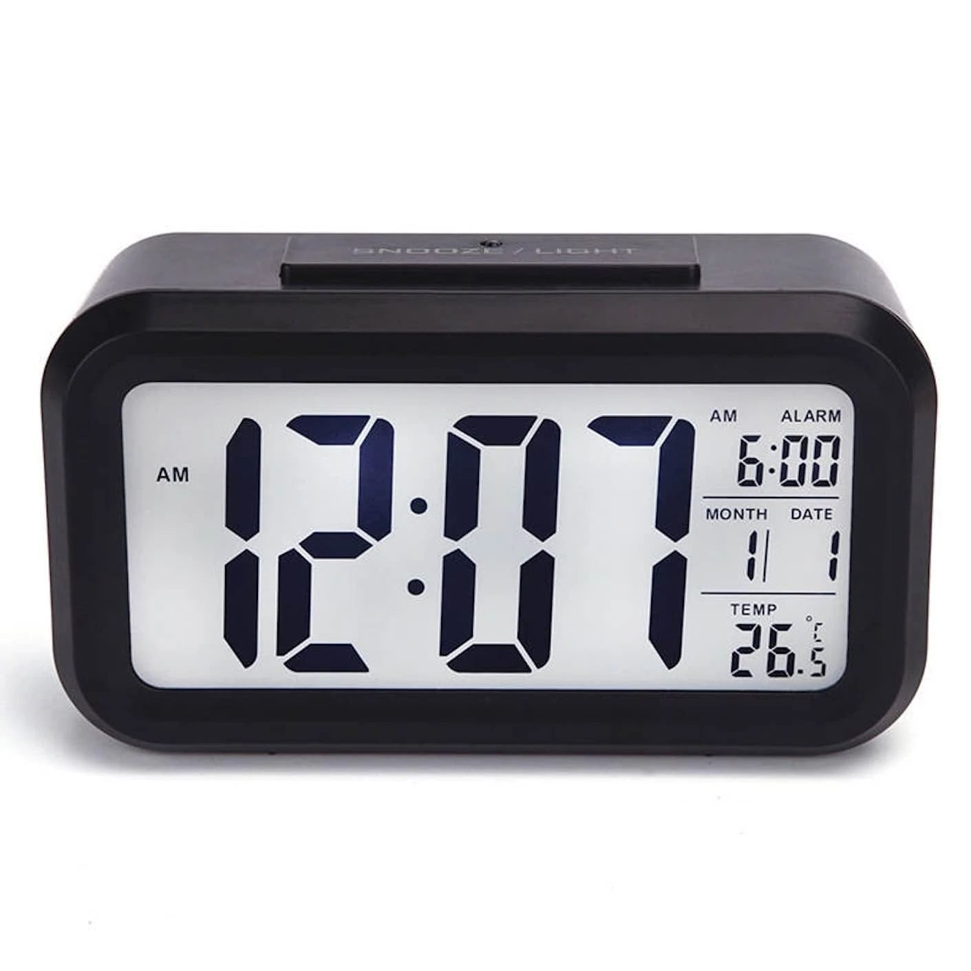 DTL Digital Alarm Clock LED Display with Temperature Big LCD Digit Display Larger LCD Backlit Display Snooze Smart Brightness Sensor for Bedroom Home Office and Travel