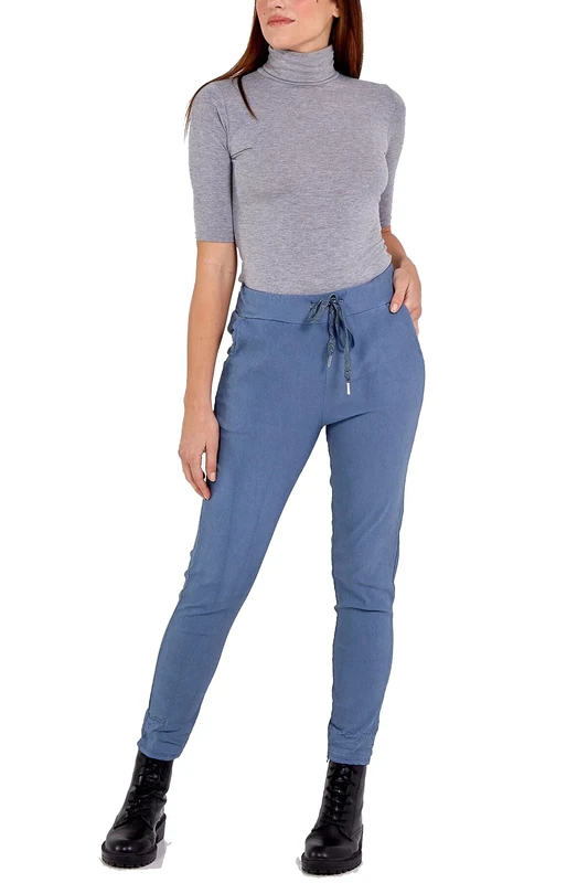 Women's Italian Elastic Waist Trouser Plain Magic Pants Ladies Casual Active Yoga Jogger Comfy Trousers UK 8-22 (8-10, Denim Blue)