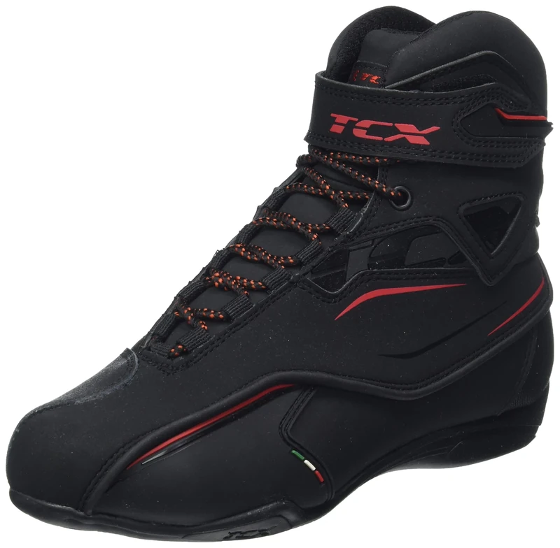 TCX Mens Zeta Motorcycle Shoes, Sporty and Waterproof, Suitable for Urban Use, Microfiber Upper, Laces Velcro Closure, Black Red, 4.5 UK