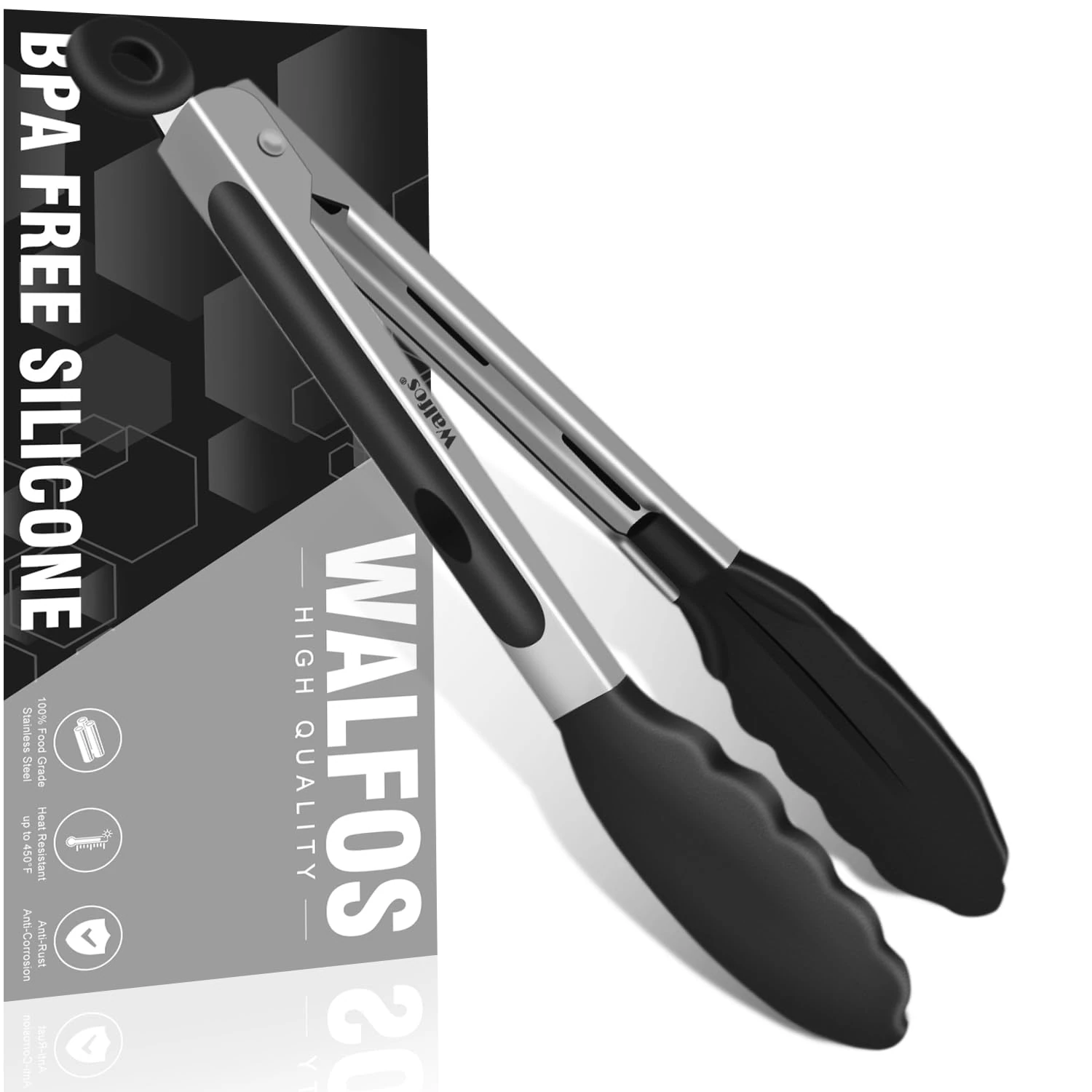 Walfos Kitchen Tongs - Heat Resistant 480℉ Cooking Tongs, Thickened Stainless Steel and BPA Free Silicone Tips, Great for Cooking, Grilling, Turning, 9in Food Tongs, Black, 23cm